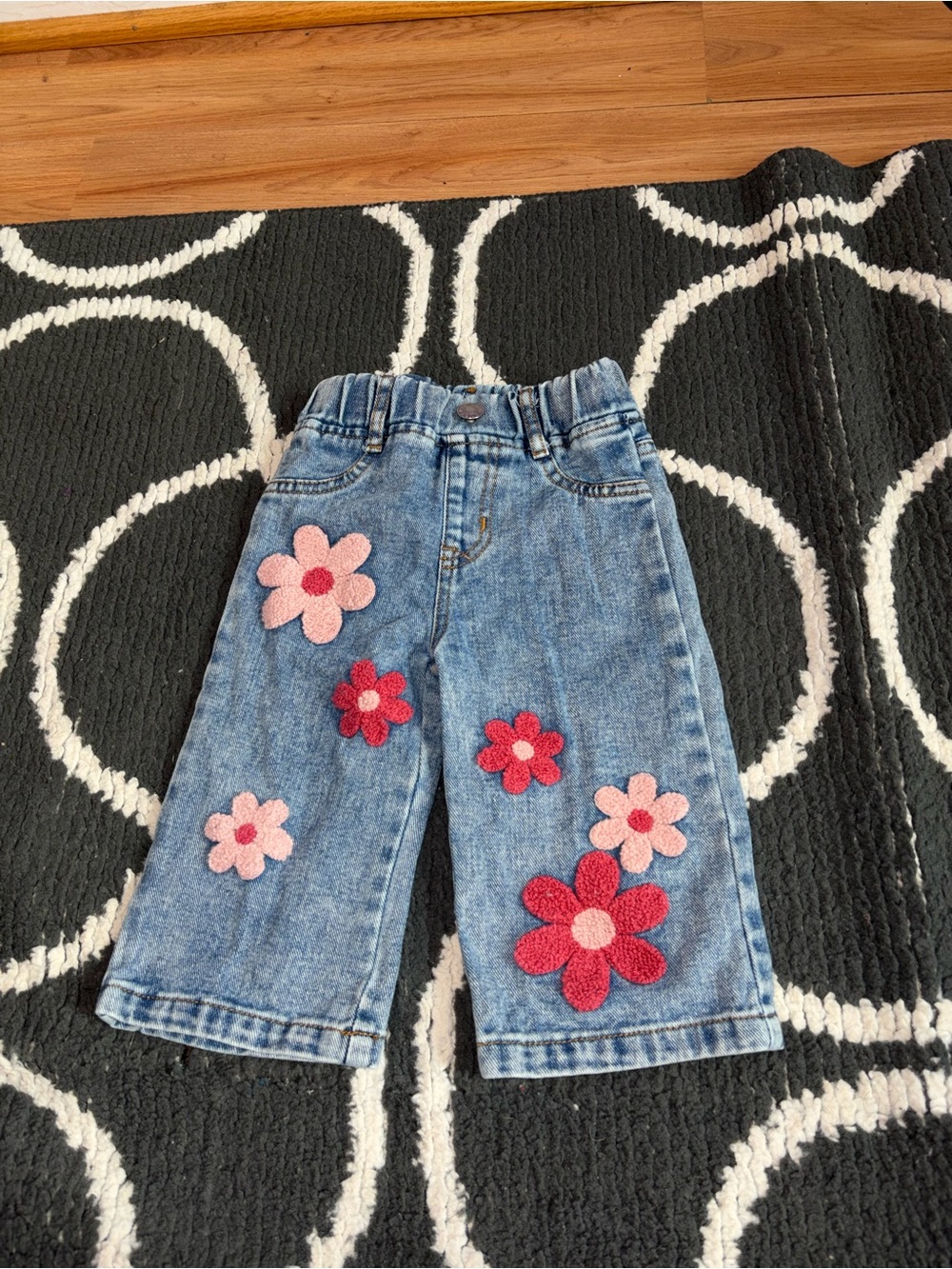 Kids Denim Pants with Pink & Red Flower Appliqués - Picture 1 of 2